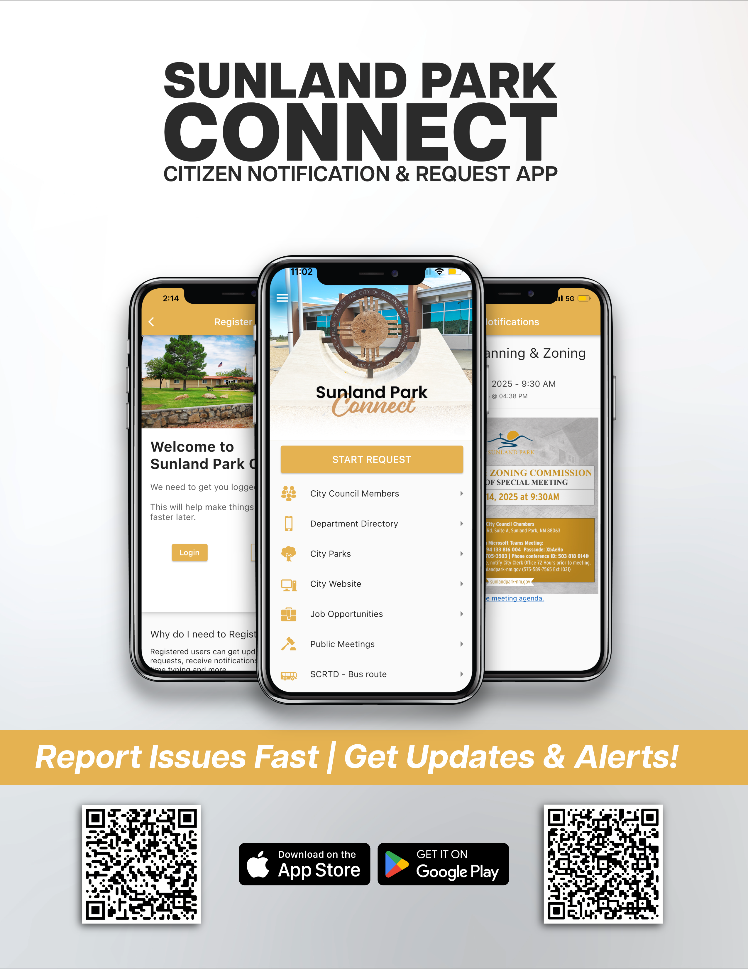 Sunland Park Connect app screenshot showing city services, notifications, and updates